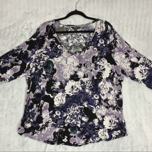 Simply Vera Vera Wang Purple Floral V-Neck Top Plus Sz 3X Long Sleeve Tee Rayon - Picture 2 of 13